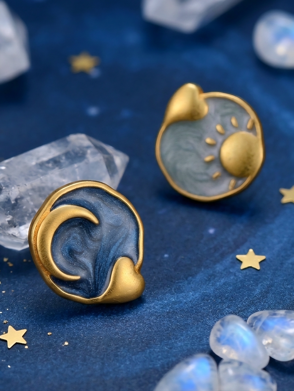 Mismatched Celestial Sun Moon Blue Resin Gold Stud Earrings Whimsigoth 0.6in